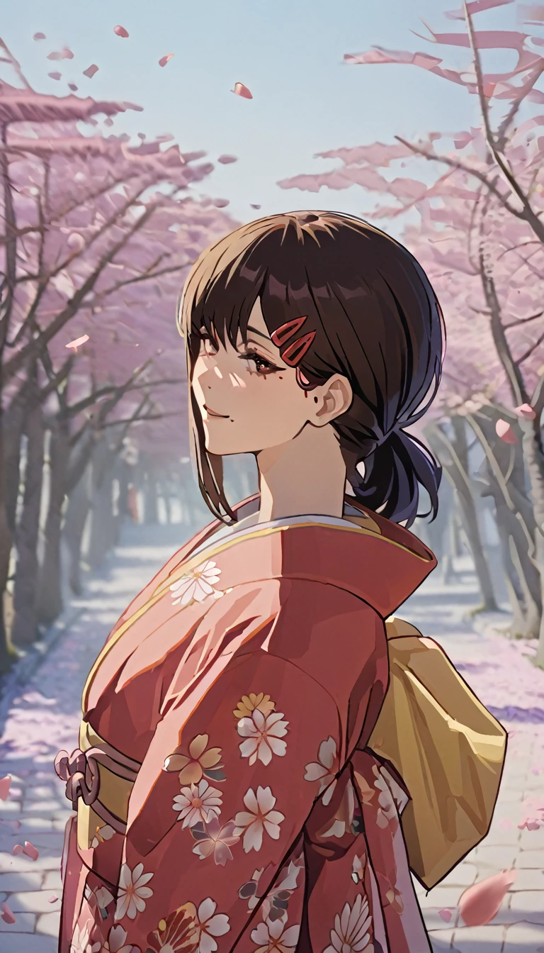 1girl, higashiyama kobeni, wearing kimono, in a cheery blossom park, cherry blossom petals falling in the background, (masterpiece), cinematic, beautiful light, best quality, newest,safe, absurdres, smiling , close eyes, look at camera, tilt head, turn head back