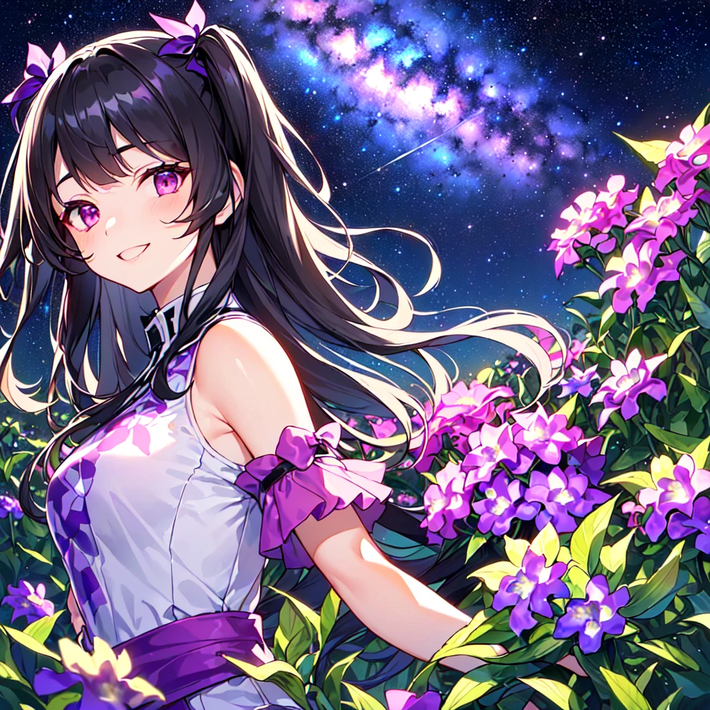 masterpiece, best quality, high quality, extremely detailed, very delicate and beautiful, (1 female 18 years old alone solo:1.5), (long black hair up to waist with two side up:1.5), bangs to eyebrows, eyes (eyes sharp and strong, glossy glossy eyes, eyebrows glossy, (eye color magenta:1.3), 6.5 head height, (pentas flower print fashion:1.3), (smiling), (running:1.3), (dynamic pose), (background pentas flower field:1.3) , (Milky Way Night Sky:1.3), (upper body:1.3)