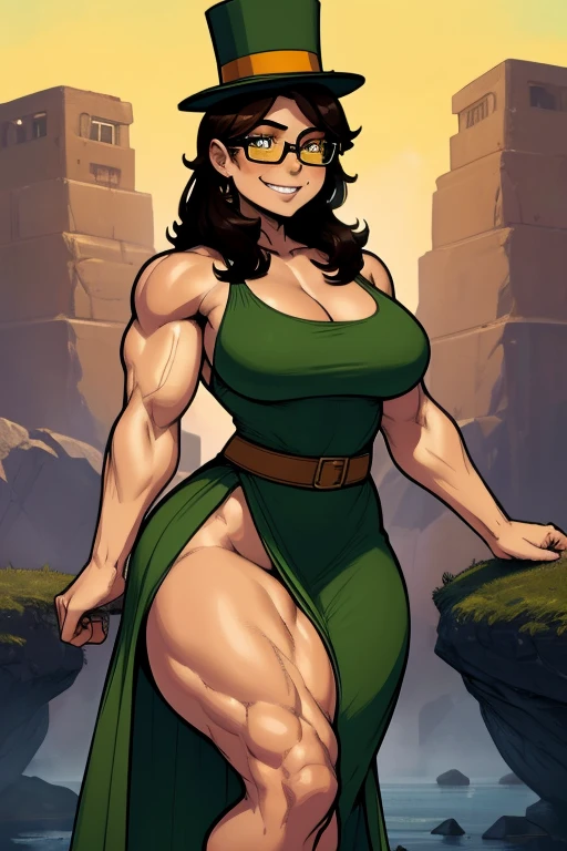 Muscular,women,female,top hat,brown hair,yellow eyes,elegant Green dress,long dress,Glasses,an exposed leg,smile ,solo,breasts,,dock,bay,(Hypermuscle:1.2)