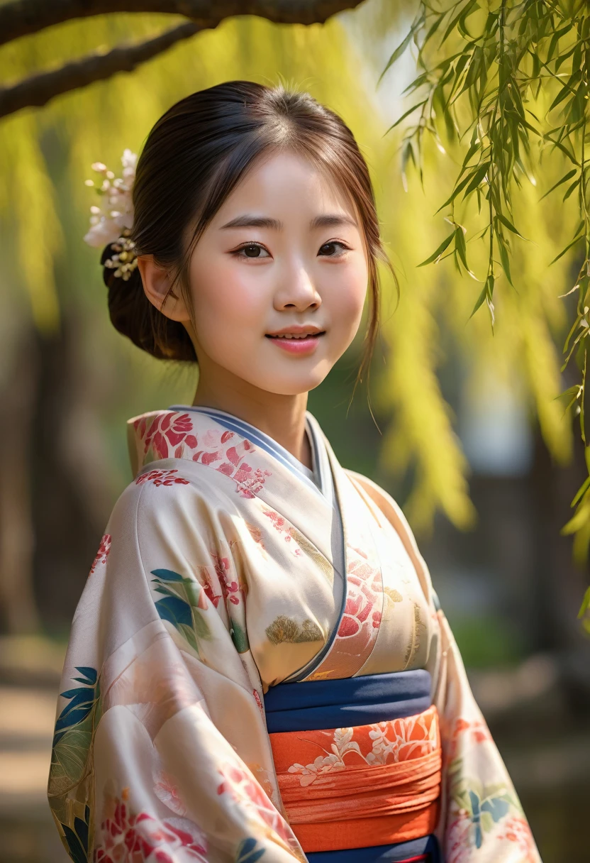 10 year old japanese girl in kimono under weeping willow tree, beautiful detailed eyes, beautiful detailed lips, extremely detailed face, long eyelashes, serene smile, intricate kimono design, soft lighting, warm color palette, cinematic, highly detailed, photorealistic, 8k, (best quality,4k,8k,highres,masterpiece:1.2),ultra-detailed,(realistic,photorealistic,photo-realistic:1.37),studio lighting,physically-based rendering,vivid colors,elegant,graceful