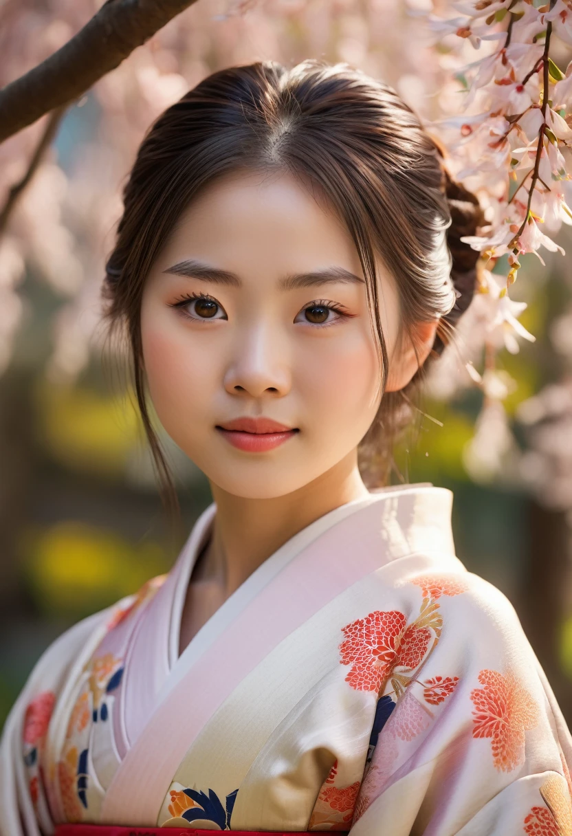 10 year old japanese girl in kimono under weeping willow tree, beautiful detailed eyes, beautiful detailed lips, extremely detailed face, long eyelashes, serene smile, intricate kimono design, soft lighting, warm color palette, cinematic, highly detailed, photorealistic, 8k, (best quality,4k,8k,highres,masterpiece:1.2),ultra-detailed,(realistic,photorealistic,photo-realistic:1.37),studio lighting,physically-based rendering,vivid colors,elegant,graceful