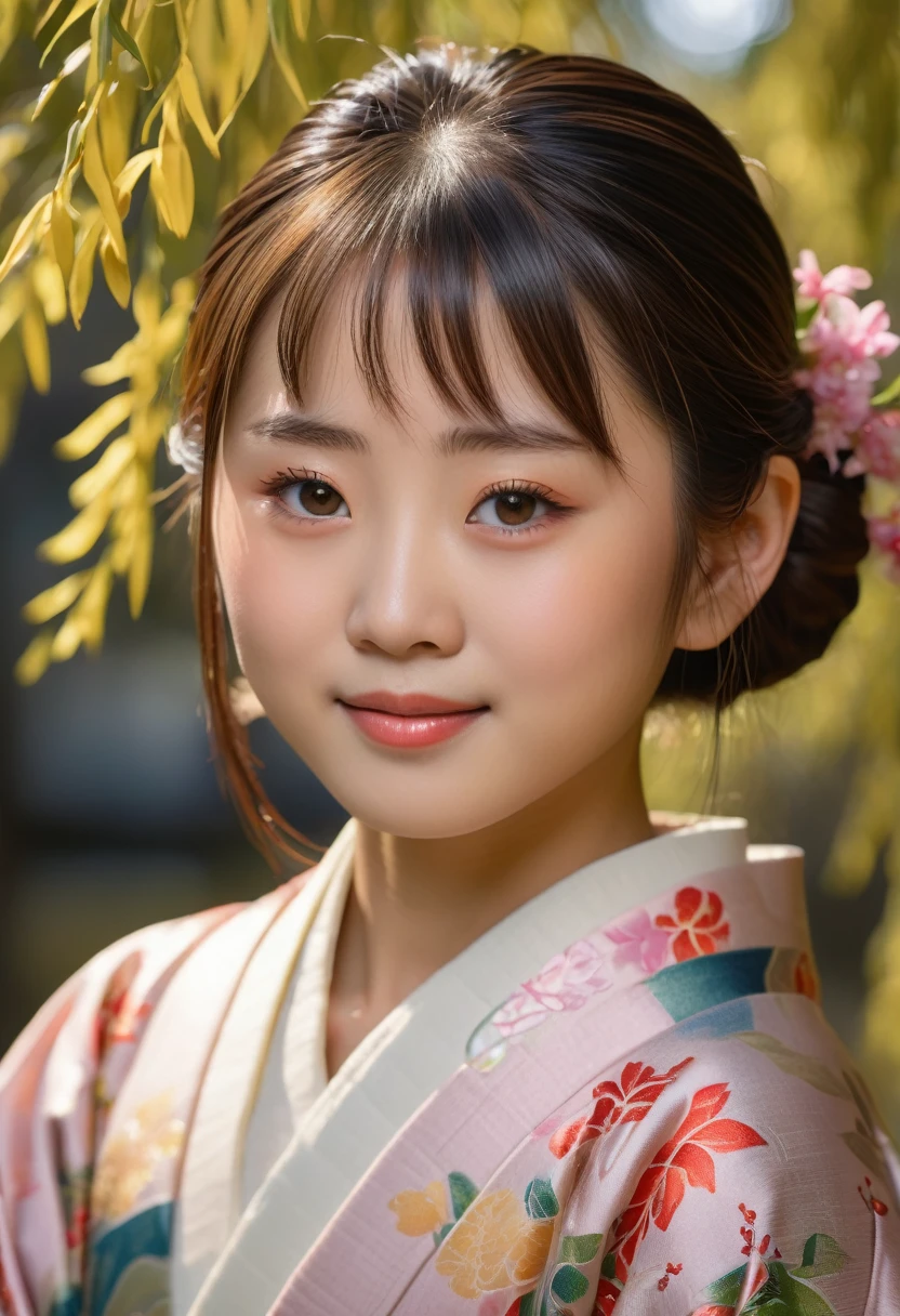 10 year old japanese girl in kimono under weeping willow tree, beautiful detailed eyes, beautiful detailed lips, extremely detailed face, long eyelashes, serene smile, intricate kimono design, soft lighting, warm color palette, cinematic, highly detailed, photorealistic, 8k, (best quality,4k,8k,highres,masterpiece:1.2),ultra-detailed,(realistic,photorealistic,photo-realistic:1.37),studio lighting,physically-based rendering,vivid colors,elegant,graceful