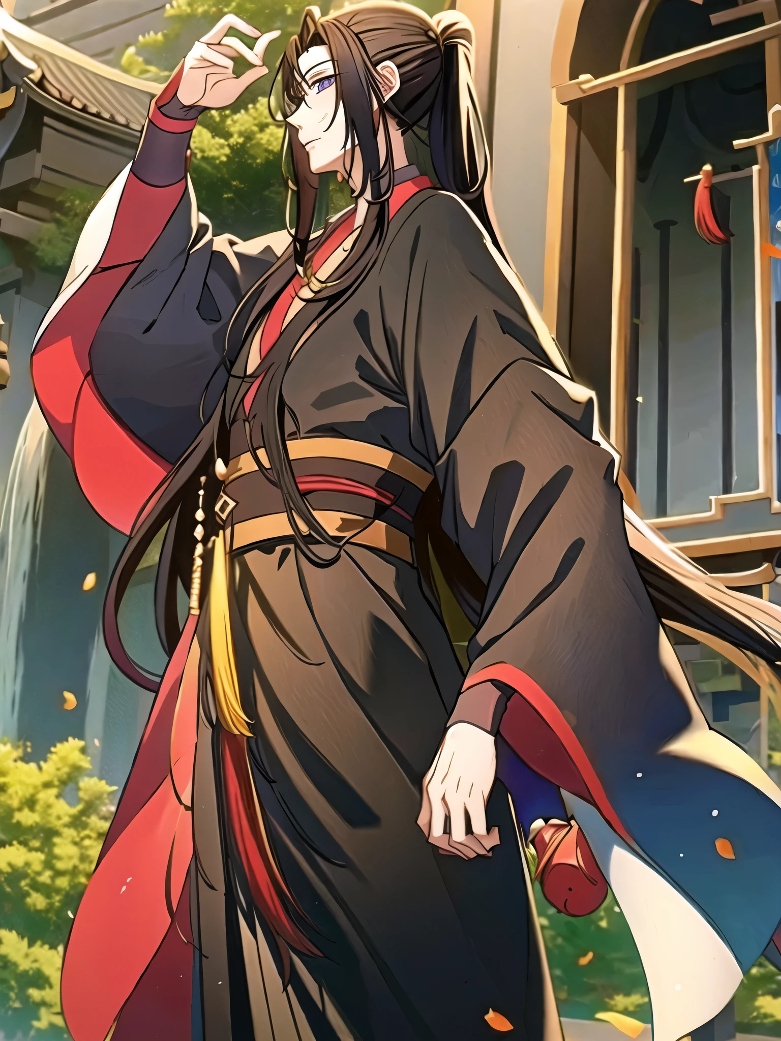 (masterpiece, best quality: 1.2), 1 male, 18 years old, solo, wei wuxian, mo dao zu shi, mdzs, black-red-purple clothes, purple eyes, long flowing black hair, perfect anatomy