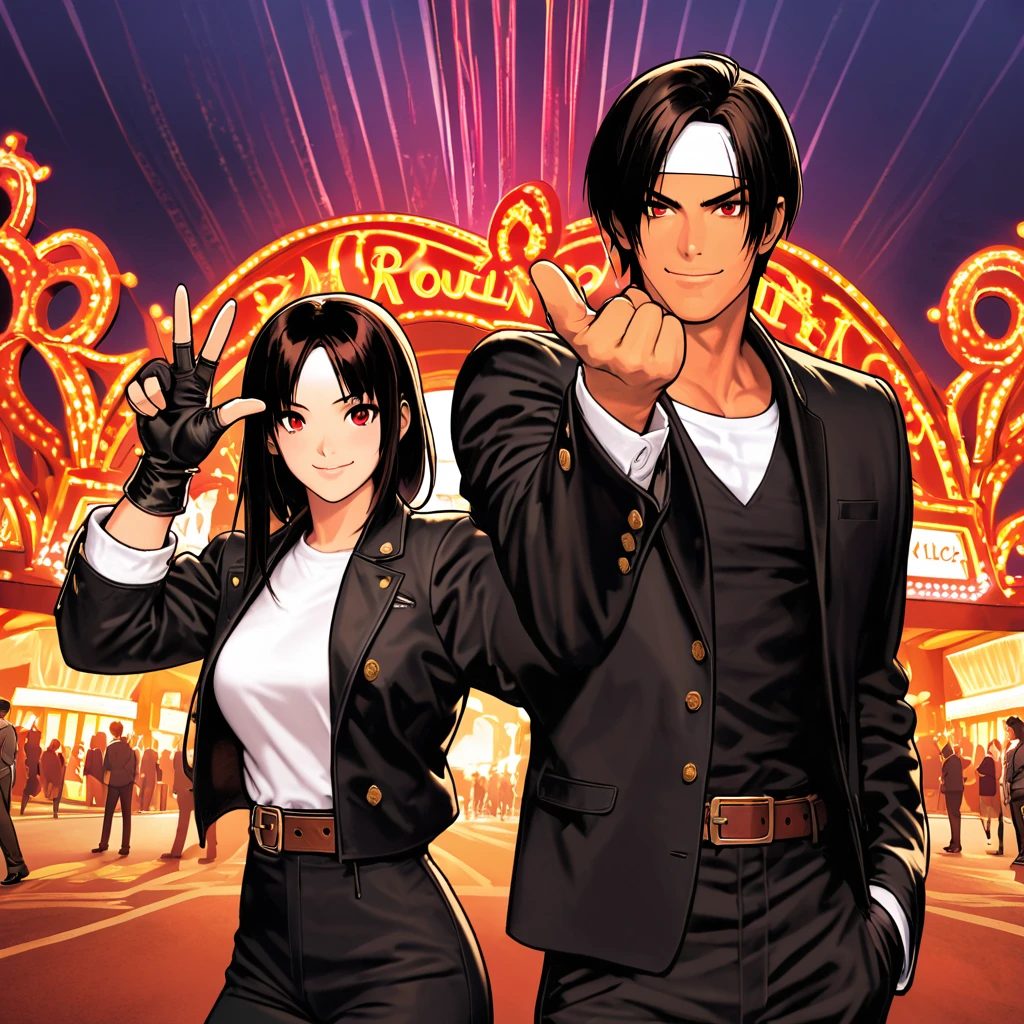 Orochikyo, Dark Skin, Two people, ツーshot, Red eyes, Black jacket(Rolling up his sleeves), Fingerless gloves, Black Hair, White T-shirt, ((White headband)), Black trousers, White shoes, Brown belt, good looking, shot, Charming, masterpiece, High resolution, Detailed face, Fine Grain, night, A confident smile,Man and woman laughing with the Moulin Rouge in the background, Men and women with the same hairstyle and clothes, Making a peace sign。