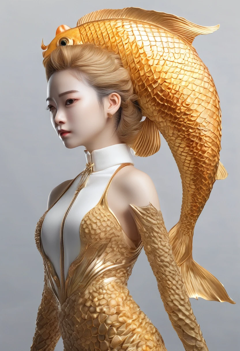 high quality、Realistic、Full body standing、From head to toe、A demi-human with a deformed head、The whole body is golden、The head is shaped like a goldfish.、From the neck down, the figure is human.、A smart, masculine figure、Covered in scales、Standing upright with your back straight、Background is white
