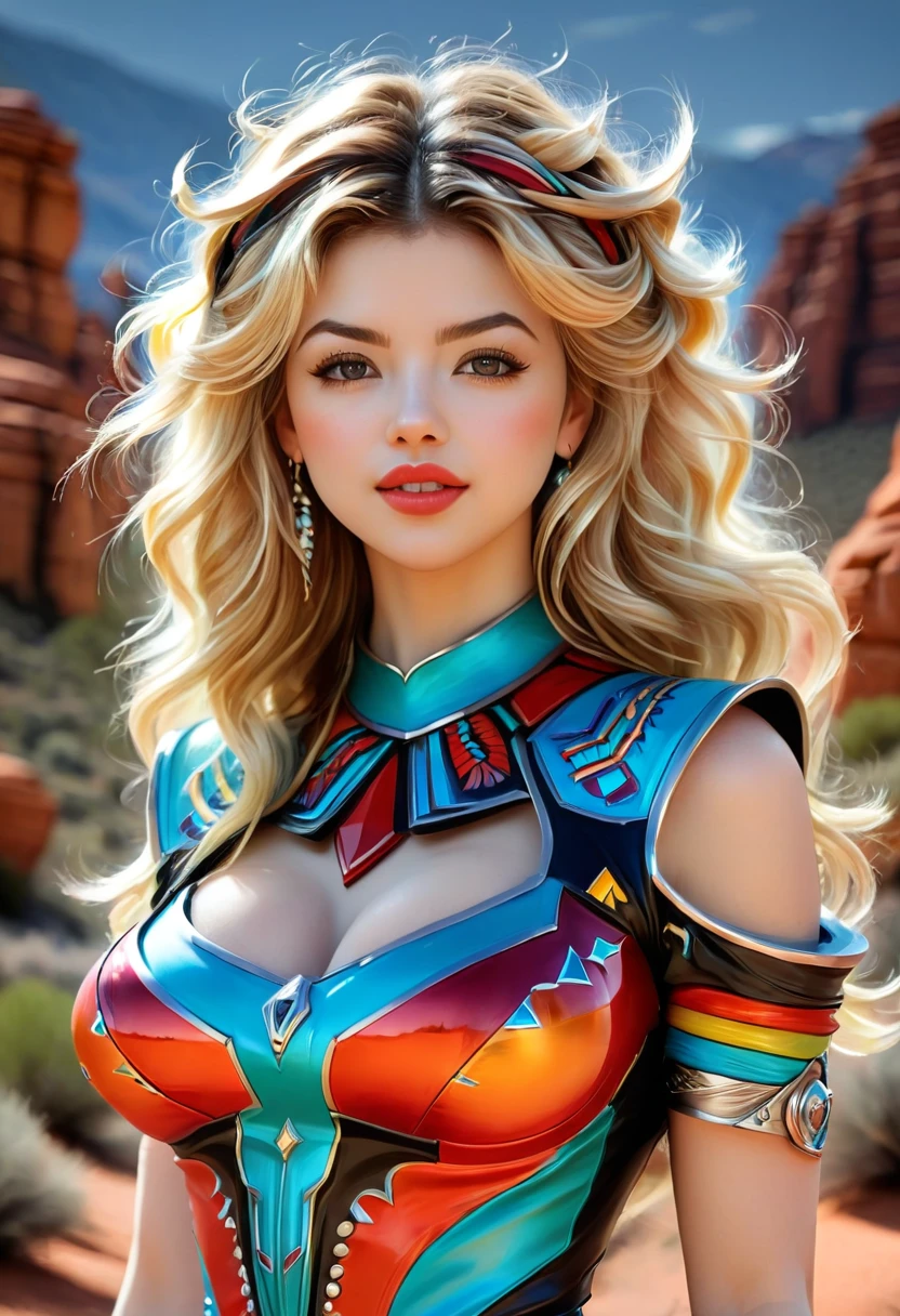 Beautiful boho women stunning merge of Masiela Lusha with colorful southwestern style dress. colorful southwestern earing and. jewelry, blond colored hair that is coarse, wiry, and tightly curled. It often has a rough texture, feels stiff to the touch, and may be prone to frizz and tangling. The curls can be densely packed. cute, girly, sexy. The Official Art – An Award-Winning Digital Masterpiece In 4K Ultra HD, Extreme Detail And Intricate Realism. symmetrical face. This Concept Art Brought To Life By The Hands Of Artists Like Wlop & Artgerm In A Stunning 2D Vector Illustration. large, perky, full, vuluptious, symmetrical and spherical breasts. Background is a beautiful panoramic vista of a red rock canyon.