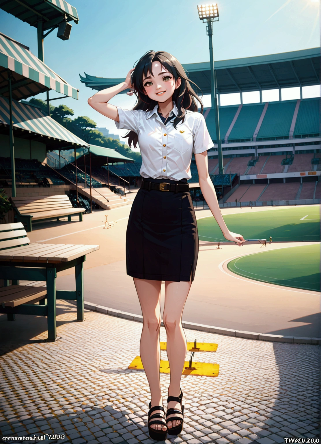 realistic anime of a cute thai university student, smiling and looking at viewer at track & field stadium, (she has black shoulder length hair, forehead ), (wearing white short sleeve shirt, collared unbuttoned top shirt, black pencil skirt with black belt and silver buckle, black platform sandals), (1girl, solo, full body), (masterpiece, best quality, expressive eyes, perfect face, japanese anime style)