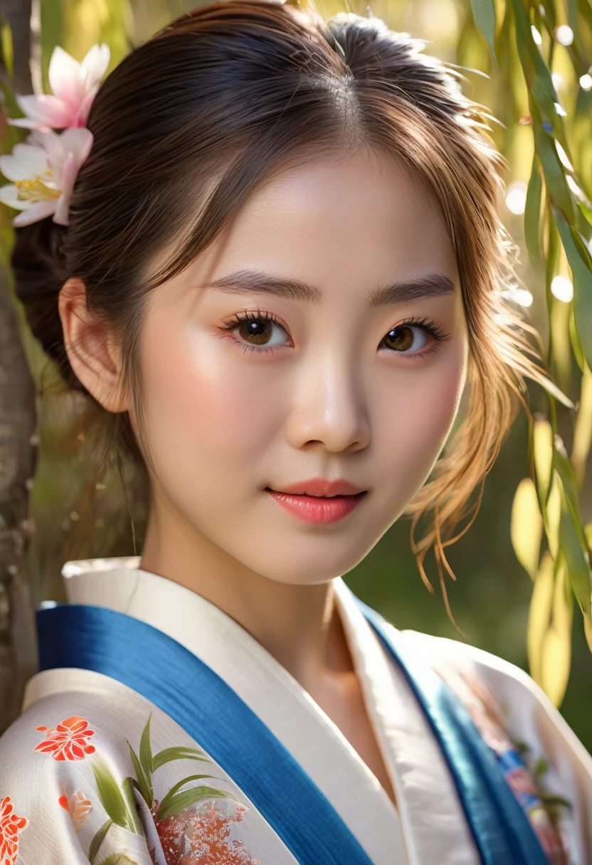 10 year old japanese girl in kimono under weeping willow tree, beautiful detailed eyes, beautiful detailed lips, extremely detailed face, long eyelashes, serene smile, intricate kimono design, soft lighting, warm color palette, cinematic, highly detailed, photorealistic, 8k, (best quality,4k,8k,highres,masterpiece:1.2),ultra-detailed,(realistic,photorealistic,photo-realistic:1.37),studio lighting,physically-based rendering,vivid colors,elegant,graceful