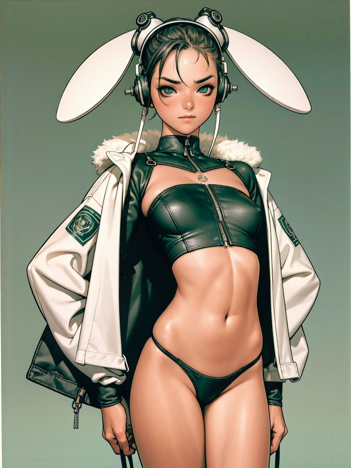 (best qualityer))), (((manga strokes))), (((Headphones))), (((Green devices))), Bunny ears and Googles on the forehead, (((tiny thong shorts))), uma Kizi jovem muito bem vestida com roupas modernas de inverno, short top, short jacket with dark fur collar, beautiful and expressive face, slightly-smile, big eyes with long black eyelashes, heavy make-up, chains and zippers spread across clothes, contrasting colours, pose de atitude, hair with a modern and futuristic cut, urban game poster art, dramatic camera angles, graffiti art elements in the background, design mixing contemporary and retro by Shepard Fairey, (((cowboy shot))), (((best qualityer: 1.4))), (Unbeatable masterpiece), (hiper HD),(CG 8k hyper-realistic), Kizi, (((standing alone))), pirralha violent, ((())), sexly, pose de atitude, work of art, post-apocalypse, (((manga style))), bounty hunter, violent, Manic, the way you want, slenderbody, thin but strong, perfectbody, roupa moderna, advanced technology, neon, sleeves with vertical striped pattern, neutral background, (( cowboy shot )). intricate visual