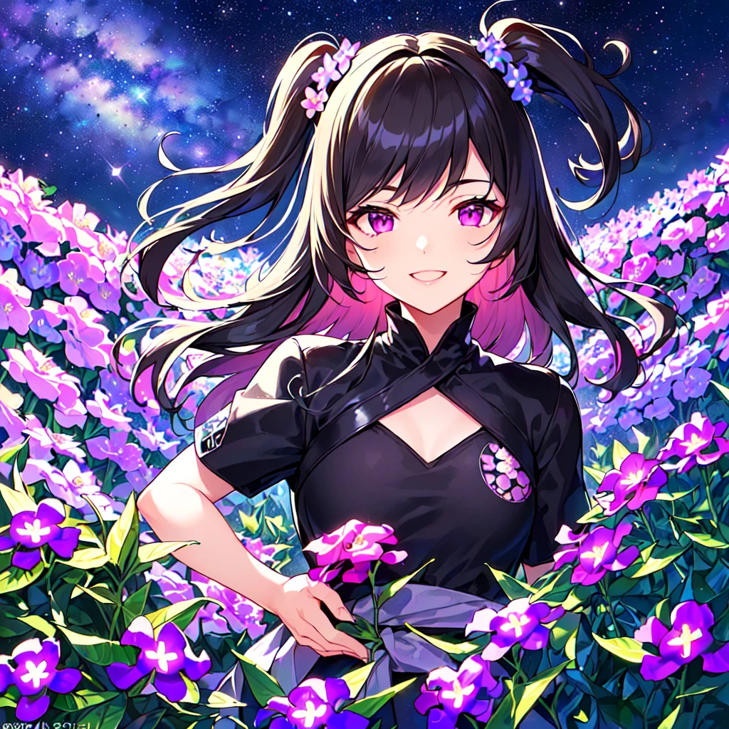 masterpiece, best quality, high quality, extremely detailed, very delicate and beautiful, (1 female 18 years old alone solo:1.5), (long black hair up to waist with two side up:1.5), bangs to eyebrows, eyes (eyes sharp and strong, glossy glossy eyes, eyebrows glossy, (eye color magenta:1.3), 6.5 head height, (pentas flower print fashion:1.3), (smiling), (running:1.3), (dynamic pose), (background pentas flower field:1.3) , (Milky Way Night Sky:1.3), (upper body:1.3)