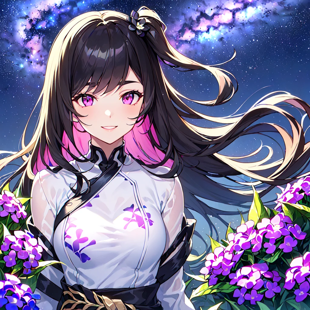masterpiece, best quality, high quality, extremely detailed, very delicate and beautiful, (1 female 18 years old alone solo:1.5), (long black hair up to waist with two side up:1.5), bangs to eyebrows, eyes (eyes sharp and strong, glossy glossy eyes, eyebrows glossy, (eye color magenta:1.3), 6.5 head height, (pentas flower print fashion:1.3), (smiling), (running:1.3), (dynamic pose), (background pentas flower field:1.3) , (Milky Way Night Sky:1.3), (upper body:1.3)