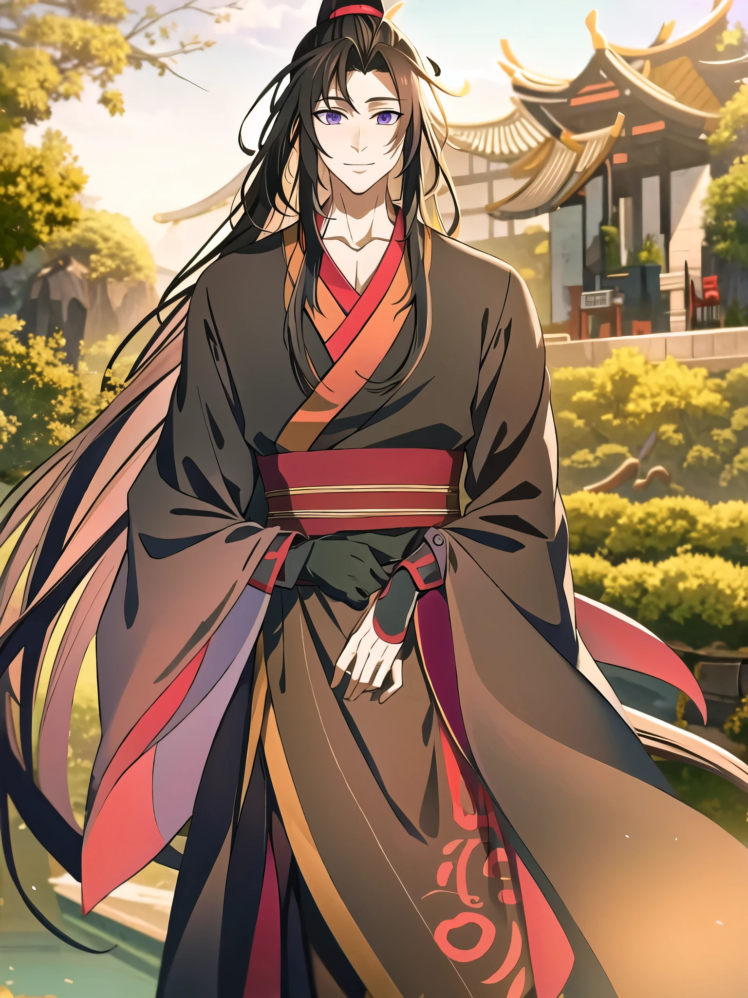 (masterpiece, best quality: 1.2), 1 male, 18 years old, solo, wei wuxian, mo dao zu shi, mdzs, black-red-purple clothes, purple eyes, long flowing black-purple ombre hair, perfect anatomy