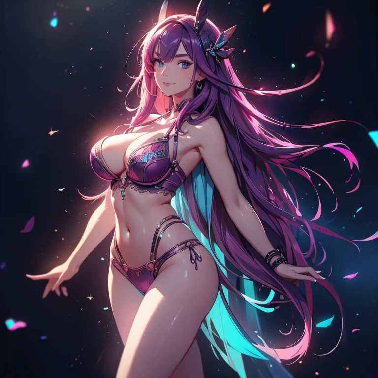 highest resolution, distinct_image, detailed details): (8K, 4K, best quality, High resolution: 1.2), artwork, Ultra-detailed, hyper details, cinematic Light, Alone, woman, purple hair with pink highlight, pink panties and bra, clothes with futuristic details, highlighting the breasts, perfect body, thin waist, from the back, showing the ass, Showing the belly, smile, perfect face, full body, looking at the viewer, detailed_backround, full_body, (sexy, hot: 1.0)