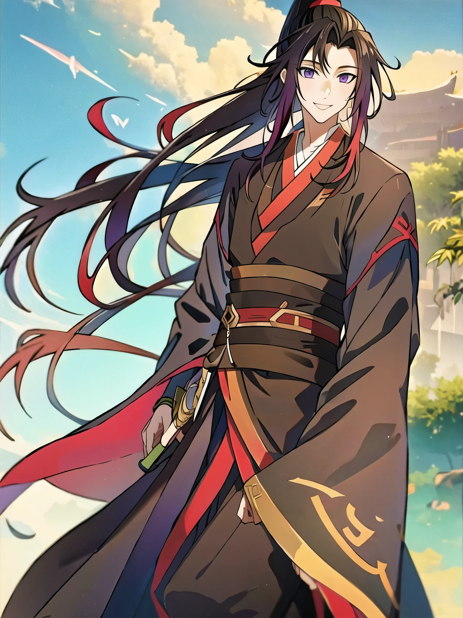 (masterpiece, best quality: 1.2), 1 male, 18 years old, solo, wei wuxian, mo dao zu shi, mdzs, black-red-purple clothes, purple eyes, long flowing black-purple ombre hair, perfect anatomy