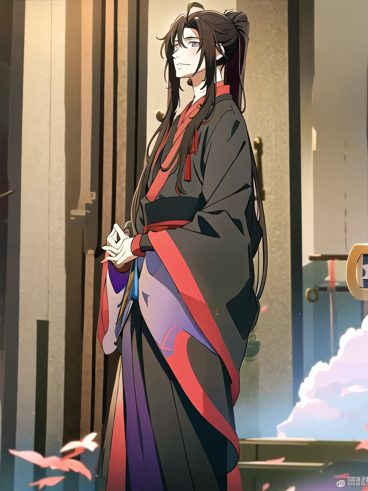 (masterpiece, best quality: 1.2), 1 male, 18 years old, solo, wei wuxian, mo dao zu shi, mdzs, black-red-purple clothes, purple eyes, long flowing black-purple ombre hair, perfect anatomy