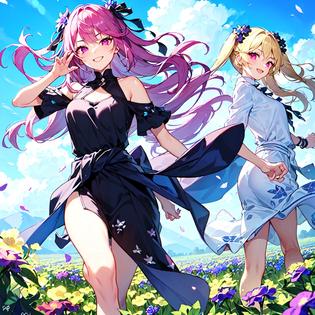 masterpiece, best quality, high quality, extremely detailed, very delicate and beautiful, (1 female 18 years old alone solo:1.5), (long black hair up to waist with two side up:1.5), bangs to eyebrows, eyes (eyes sharp and strong, glossy glossy eyes, eyebrows glossy, (eye color magenta:1.3), 6.5 head height, (pentas flower print fashion:1.3), (smiling), (running:1.3), (dynamic pose), (background pentas flower field:1.3) , (Blue Sky:1.3)