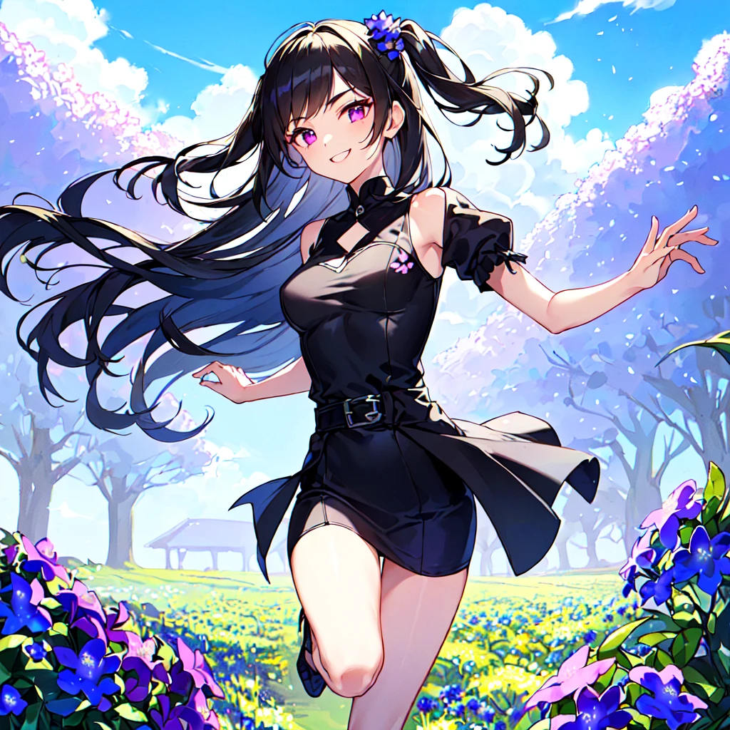 masterpiece, best quality, high quality, extremely detailed, very delicate and beautiful, (1 female 18 years old alone solo:1.5), (long black hair up to waist with two side up:1.5), bangs to eyebrows, eyes (eyes sharp and strong, glossy glossy eyes, eyebrows glossy, (eye color magenta:1.3), 6.5 head height, (pentas flower print fashion:1.3), (smiling), (running:1.3), (dynamic pose), (background pentas flower field:1.3) , (Blue Sky:1.3)