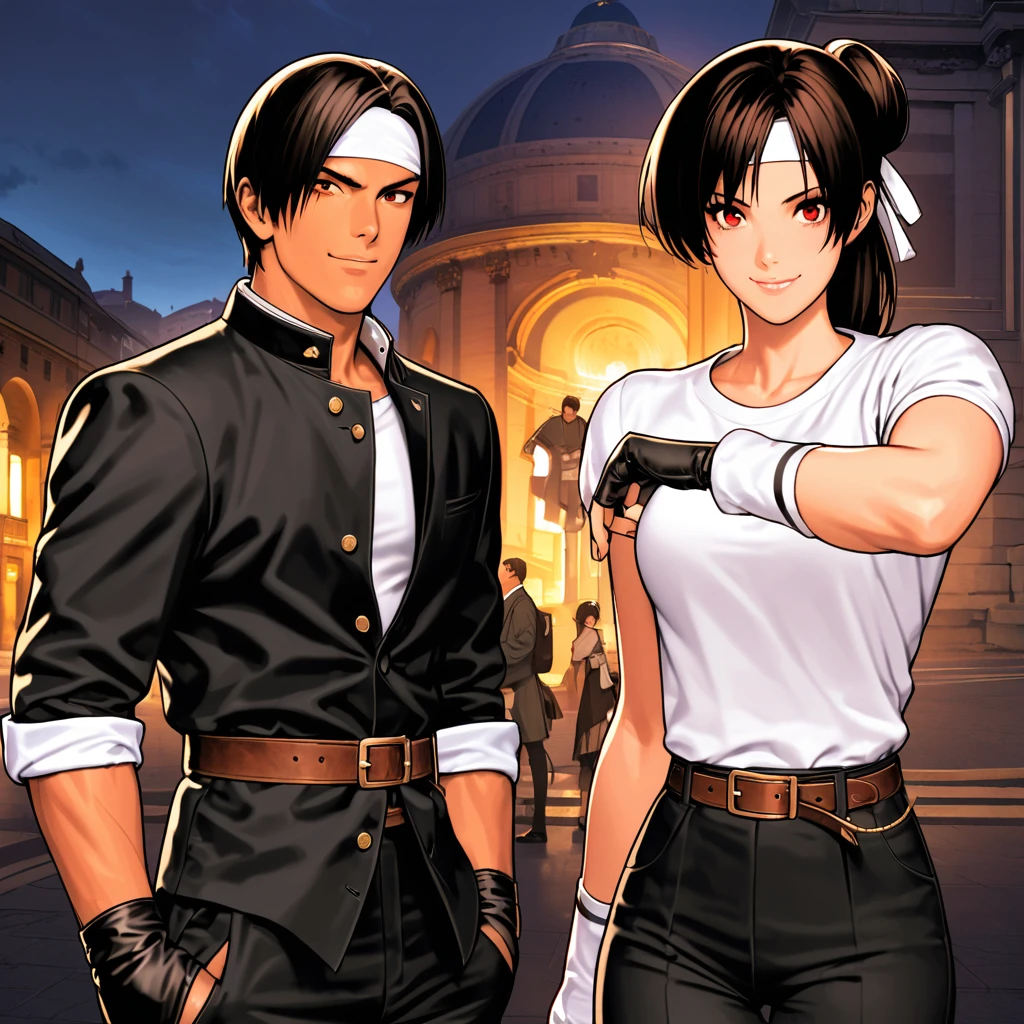 Orochikyo, Dark Skin, Two people, ツーshot, Red eyes, Black jacket(Rolling up his sleeves), Fingerless gloves, Black Hair, White T-shirt, ((White headband)), Black trousers, White shoes, Brown belt, good looking, shot, Charming, masterpiece, High resolution, Detailed face, Fine Grain, night, A confident smile,A man and a woman laughing with the French Pantheon in the background, Men and women with the same hairstyle and clothes, Making a peace sign。