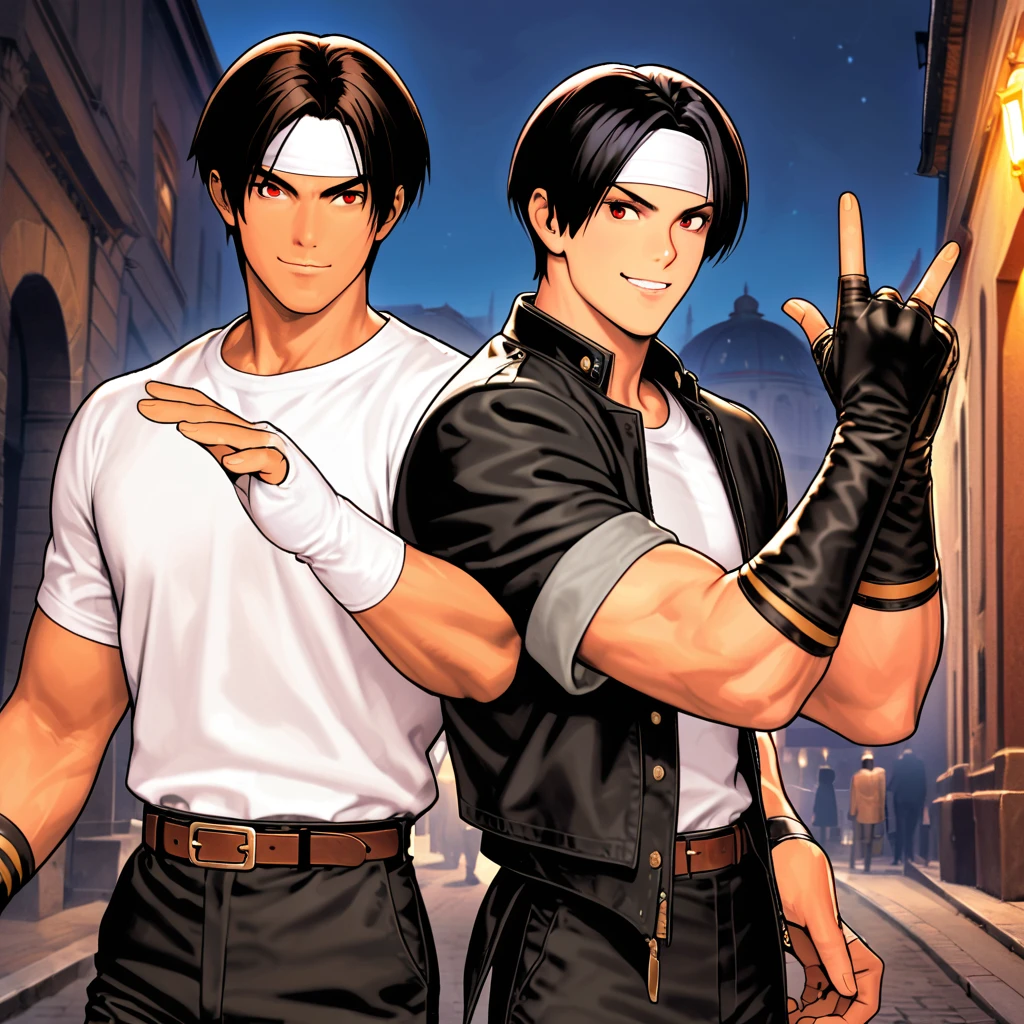 Orochikyo, Dark Skin, Two people, ツーshot, Red eyes, Black jacket(Rolling up his sleeves), Fingerless gloves, Black Hair, White T-shirt, ((White headband)), Black trousers, White shoes, Brown belt, good looking, shot, Charming, masterpiece, High resolution, Detailed face, Fine Grain, night, A confident smile,A man and a woman laughing with the French Pantheon in the background, Men and women with the same hairstyle and clothes, Making a peace sign。