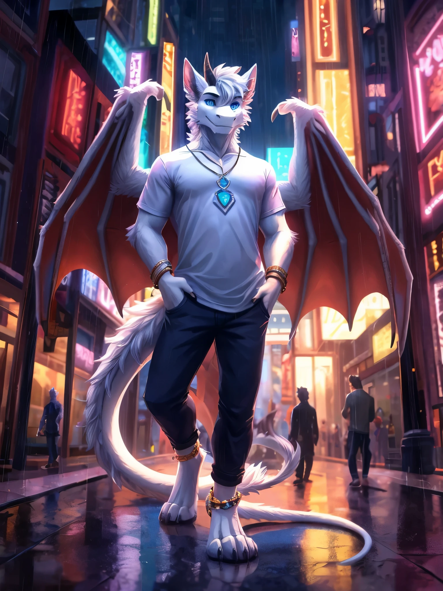 solo,(furred dragon),mature,male,((white fur)),fluffy furs,wing,dragon horns,wing,blue_eyes,cat's eye,tail,handsome,toe claws,digitigrade,leaning_to_the_side,hand_in_pocket,pink pawpads,pants,t-shirt,anklet,bracelet,pendant,clothing details,Bustling city,Cinematic Lighting,cirrocumulus,perfect lighting,(best quality),(masterpiece),(ultra detailed),sharp focus,(detailed eyes),depth of field,rainy days,