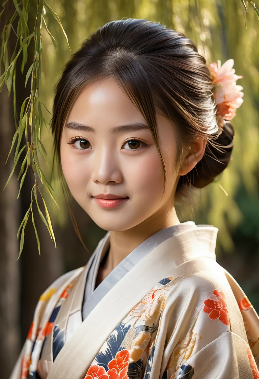 10 year old japanese girl in kimono under weeping willow tree, beautiful detailed eyes, beautiful detailed lips, extremely detailed face, long eyelashes, serene smile, intricate kimono design, soft lighting, warm color palette, cinematic, highly detailed, photorealistic, 8k, (best quality,4k,8k,highres,masterpiece:1.2),ultra-detailed,(realistic,photorealistic,photo-realistic:1.37),studio lighting,physically-based rendering,vivid colors,elegant,graceful