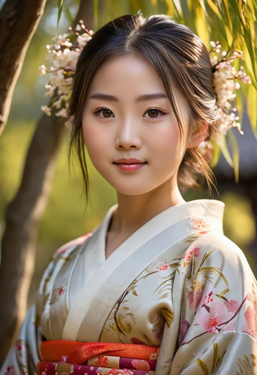 10 year old japanese girl in kimono under weeping willow tree, beautiful detailed eyes, beautiful detailed lips, extremely detailed face, long eyelashes, serene smile, intricate kimono design, soft lighting, warm color palette, cinematic, highly detailed, photorealistic, 8k, (best quality,4k,8k,highres,masterpiece:1.2),ultra-detailed,(realistic,photorealistic,photo-realistic:1.37),studio lighting,physically-based rendering,vivid colors,elegant,graceful
