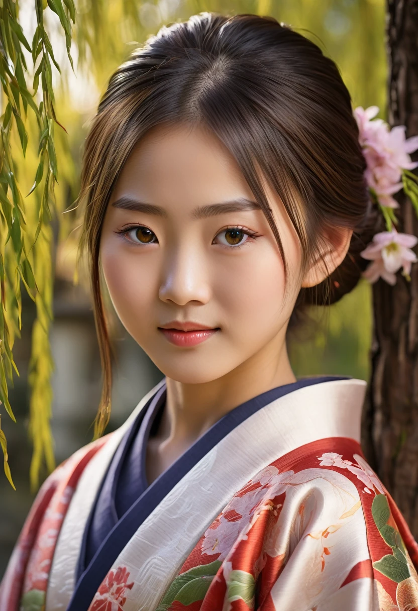 10 year old japanese girl in kimono under weeping willow tree, beautiful detailed eyes, beautiful detailed lips, extremely detailed face, long eyelashes, serene smile, intricate kimono design, soft lighting, warm color palette, cinematic, highly detailed, photorealistic, 8k, (best quality,4k,8k,highres,masterpiece:1.2),ultra-detailed,(realistic,photorealistic,photo-realistic:1.37),studio lighting,physically-based rendering,vivid colors,elegant,graceful
