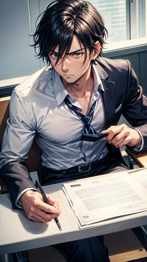 anime, male, 30s, stern, disappointed, looking down at camera, business suit, sitting at desk