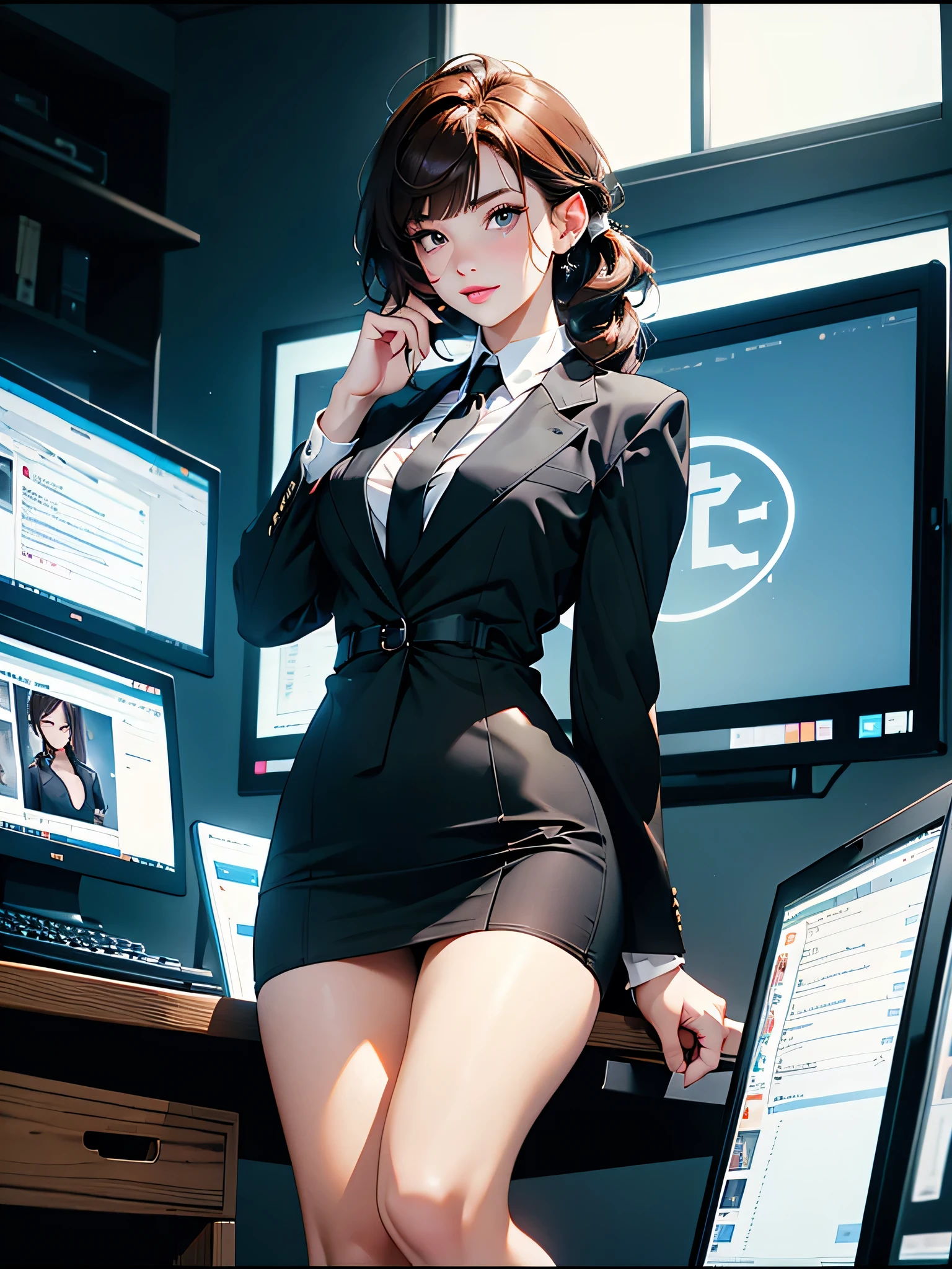 masterpiece、high resolution 8k、NSFW、Colorful light lighting、sharp focus、fine skin、table top、 highest quality、Ultra - High resolution、Super high resolution、Highly detailed CG、theme,full body shot、office room、many large monitors、Computer on desk、transaction、document、stock、chart screen、Female OL、woman is standing on the table、beautiful black eyes、(Detailed face and iace:1 2)、Clean pupils、almond eye)、(reddish brown hair、Medium short ponytail、high top fade:1.3、asymmetrical bangs)、(id card strap)、(Blazer for office wear shortage、white cutter shirt、black pencil skirt、pumps)、(gross、glossy lips、 size) 、(oval face : 1.4)、(thin fingers、fine arms、detailed human hand)、laughter、open your mouth、teeth visible, sexy lady, big ass, big milk, short skirt, high sexual, aurora and stars background, night sky
