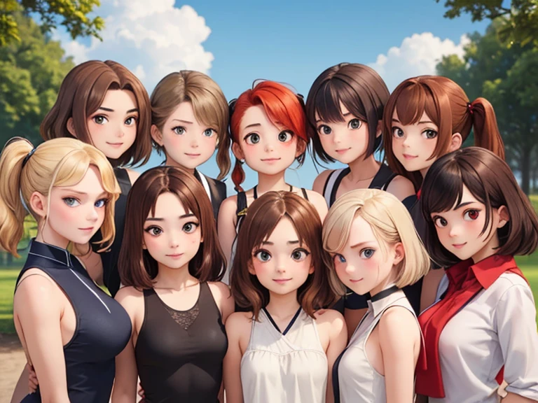 (Best quality, masterpiece), group photo of 8 very different beautiful students, different emotions, Free postures, Different hair colors(among them there is only 1 redhead, 3 blondes, 2 brown-haired and 2 brunettes), Different hairstyles, different hair lengths, different eye colors, Different physiques, Different breast sizes, (there is definitely 1 sullen, flat-chested Asian brunette in the photo, 1 short haired muscular blonde, 1 long haired redhead, 1 brunette hippie with pigtails, 1 flat chested brown haired, 1 short round brown-haired woman), graduation photo album, beautiful faces, upper body