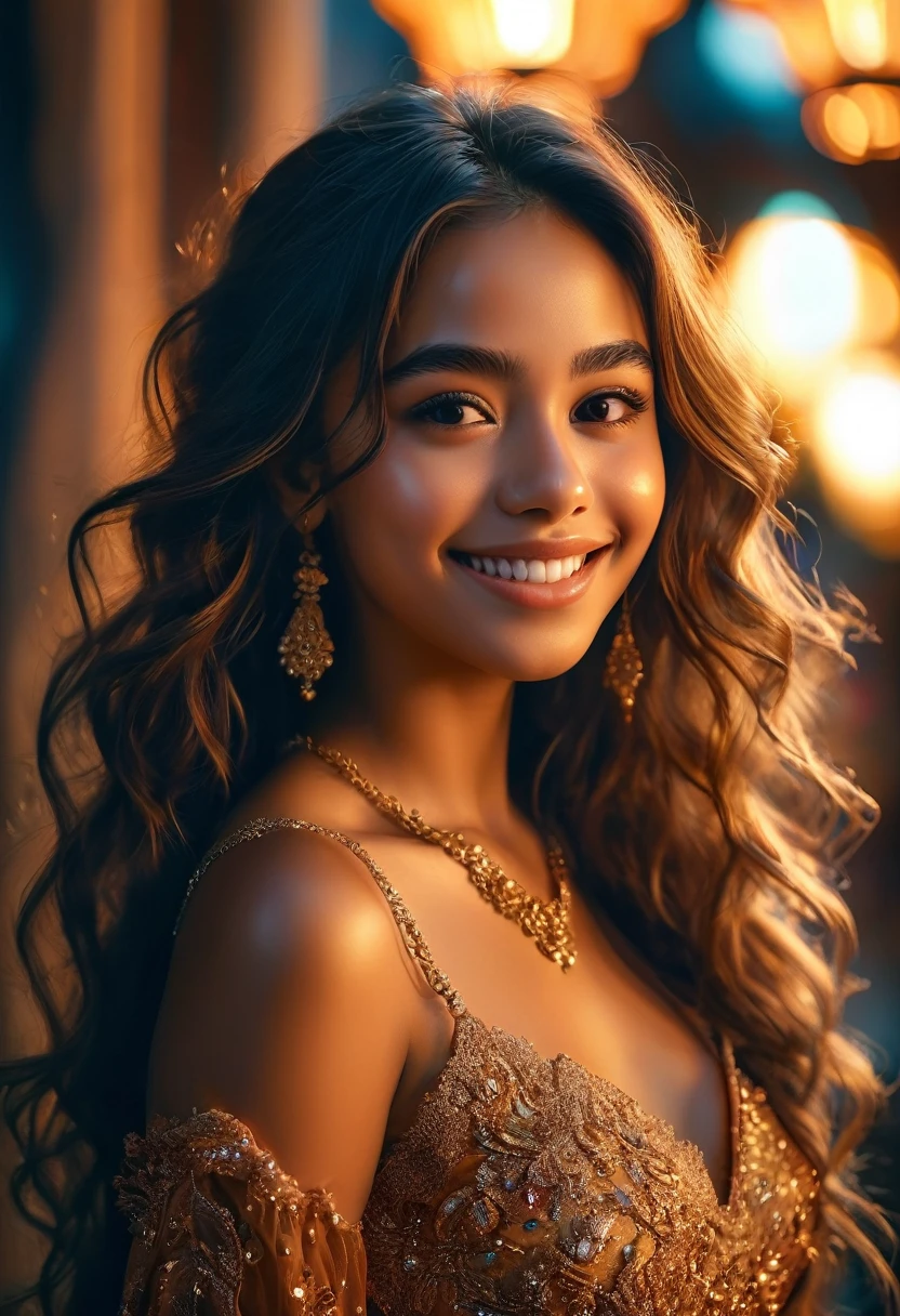 a young latina woman, 23 years old, long brown hair, beautiful detailed smile, extremely detailed face and features, mole on cheek, warm soft lighting, cinematic portrait, elegant dress, photorealistic, 8k, high quality, intricate detail, vibrant colors, dramatic lighting