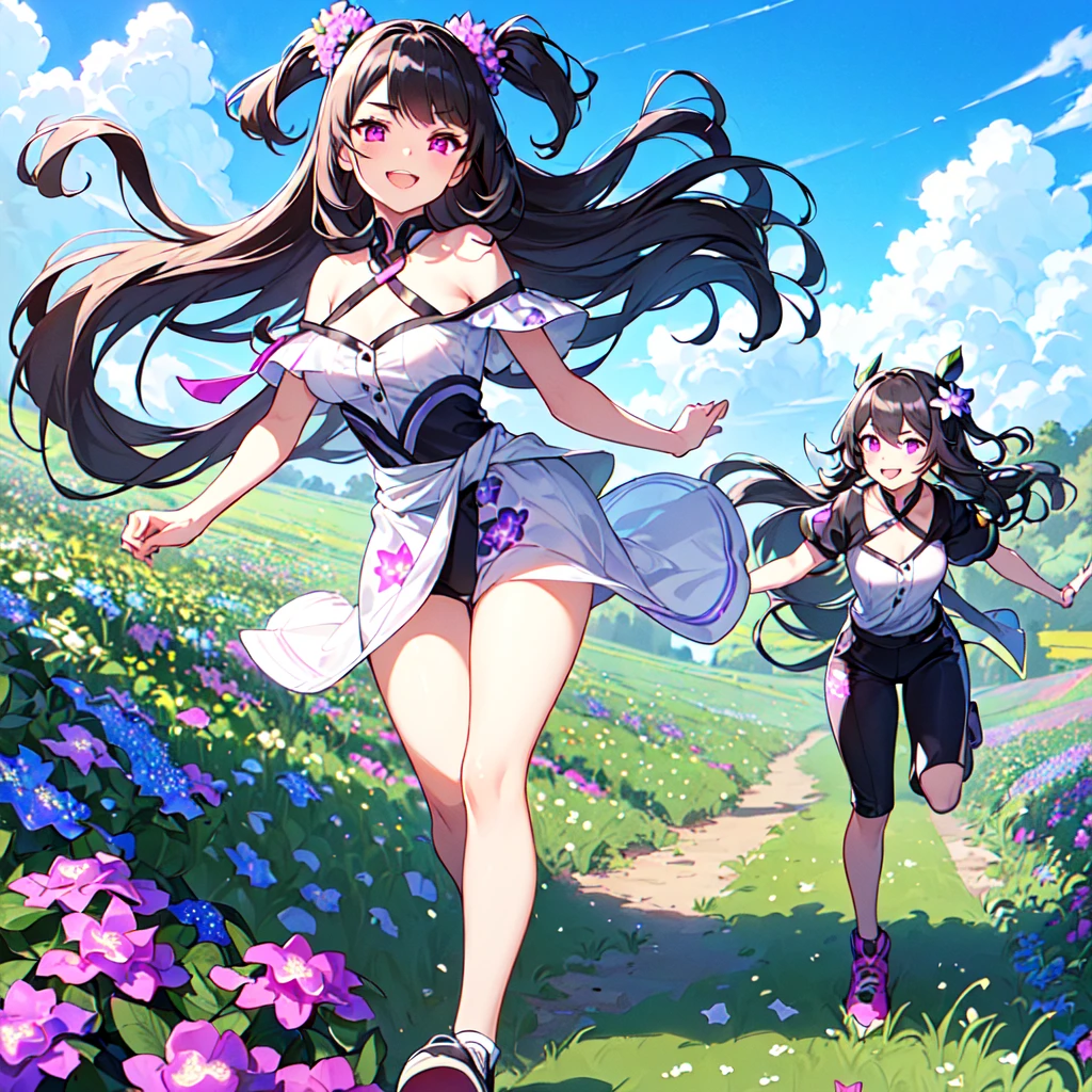 masterpiece, best quality, high quality, extremely detailed, very delicate and beautiful, (1 female 18 years old alone solo:1.5), (long black hair up to waist with two side up:1.5), bangs to eyebrows, eyes (eyes sharp and strong, glossy glossy eyes, eyebrows glossy, (eye color magenta:1.3), 6.5 head height, (pentas flower print fashion:1.3), (smiling), (running:1.3), (dynamic pose), (background pentas flower field:1.3) , (Blue Sky:1.3)