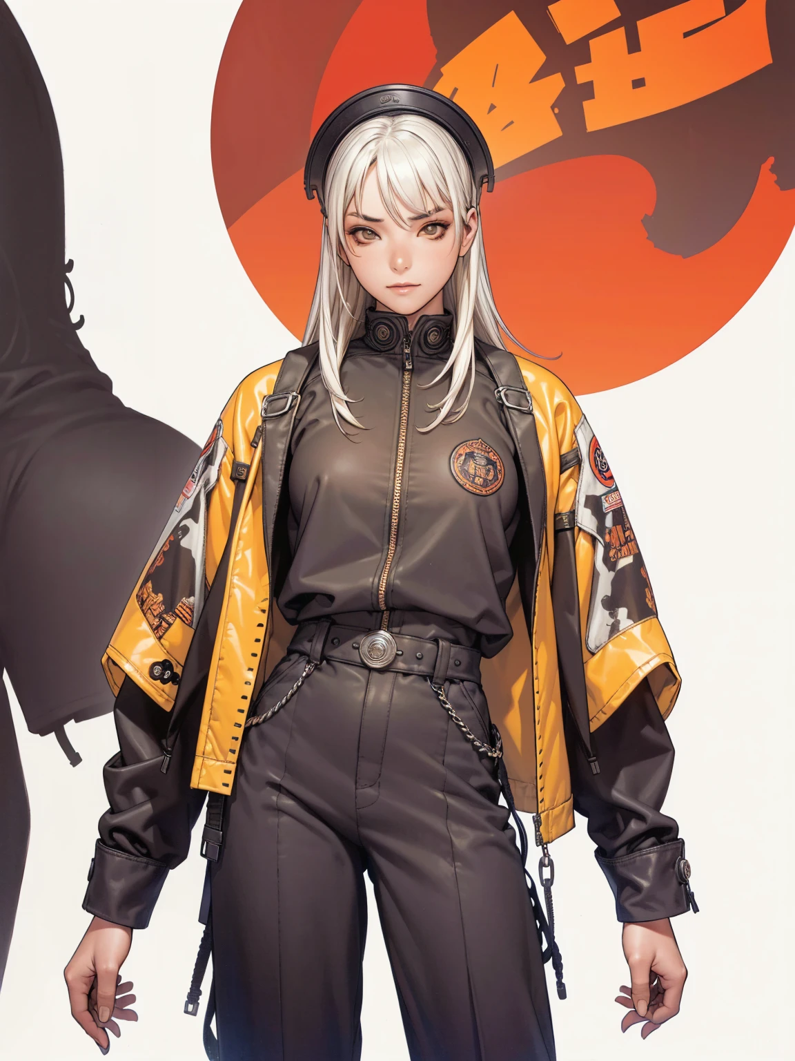 (best qualityer))), (((Yellow and black))), (((manga strokes))), (((white hair with red highlights))), (((baggy pants with bone print))), uma Kizi jovem muito bem vestida com roupas modernas de inverno, pants with military camouflage pattern, top gift vertical stripes, short jacket with dark fur collar, beautiful and expressive face, slightly-smile, big eyes with long black eyelashes, heavy make-up, chains and zippers spread across clothes, contrasting colours, pose de atitude, hair with a modern and futuristic cut, urban game poster art, dramatic camera angles, graffiti art elements in the background, design mixing contemporary and retro by Shepard Fairey, (((cowboy shot))), (((best qualityer: 1.4))), (Unbeatable masterpiece), (hiper HD),(CG 8k hyper-realistic), Kizi, (((standing alone))), pirralha violent, ((())), sexly, pose de atitude, work of art, post-apocalypse, (((manga style))), bounty hunter, violent, Manic, the way you want, slenderbody, thin but strong, perfectbody, roupa moderna, advanced technology, neon, sleeves with vertical striped pattern, neutral background, (( cowboy shot )). intricate visual