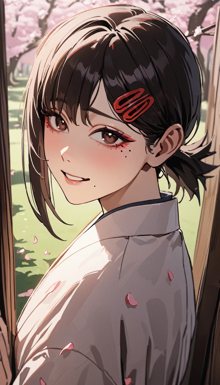 1girl, higashiyama kobeni, wearing kimono, in a cheery blossom park, cherry blossom petals falling in the background, (masterpiece), cinematic, beautiful light, best quality, newest,safe, absurdres, wide smile, blushing, look at camera, tilt head, turn head back