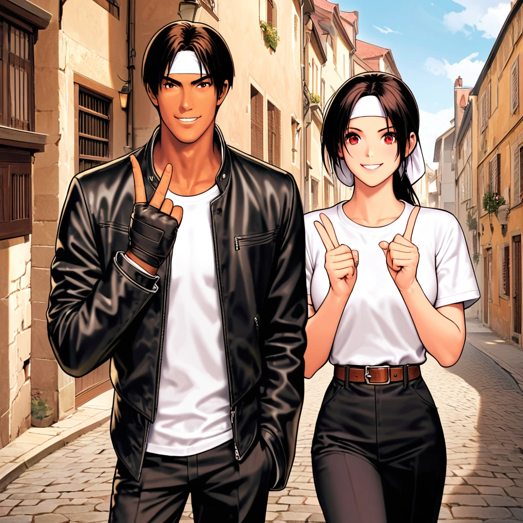 Orochikyo, Dark Skin, Two people, ツーshot, Red eyes, Black jacket(Rolling up his sleeves), Fingerless gloves, Black Hair, White T-shirt, ((White headband)), Black trousers, White shoes, Brown belt, good looking, shot, Charming, masterpiece, High resolution, Detailed face, Fine Grain, morning、Sky, A confident smile,Man and woman laughing with the old town of France in the background, Men and women with the same hairstyle and clothes, Making a peace sign。