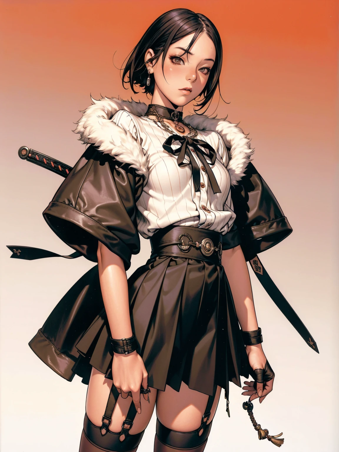 (((garter belt with stockings 3/4))), 1 girl, (((standing alone))), pirralha violent, (((full of leather straps wrapped around the arms))), , sexly, pose de atitude, work of art, post-apocalypse, (((manga style))), bounty hunter, violent, Manic, the way you want, slenderbody, thin but strong, perfectbody, roupa moderna, holding a samurai sword, messy bob hair, colored hair, (((best qualityer))), Mini skirt with pleats or short shorts with a checkered print in red and black, fur collar jacket, sleeves with vertical striped pattern, neutral background, (( cowboy shot )). intricate visual, Base Shiori, split color hair, hair ornament, choker, black dress with white ribbon, Black jacke, waist belt, asymmetrical pants, shinkiro art style, Masamune Shirow