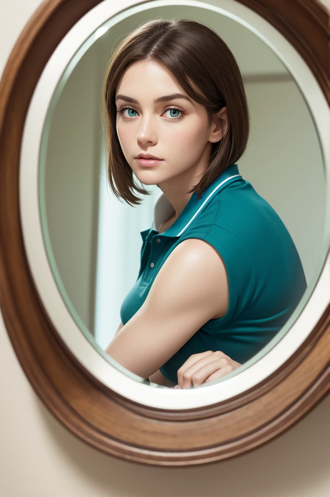 Green-eyed teacher, white, medium brown hair, with blue social polo. Looking in the mirror and seeing the reflection. Round brown mirror. Cartoon Disney pixar