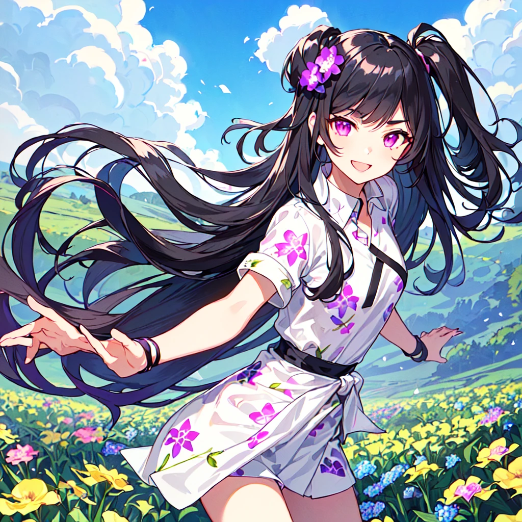 masterpiece, best quality, high quality, extremely detailed, very delicate and beautiful, (1 female 18 years old alone solo:1.5), (long black hair up to waist with two side up:1.5), bangs to eyebrows, eyes (eyes sharp and strong, glossy glossy eyes, eyebrows glossy, (eye color magenta:1.3), 6.5 head height, (pentas flower print fashion:1.3), (smiling), (running:1.3), (dynamic pose), (background pentas flower field:1.3) , (Blue Sky:1.3)