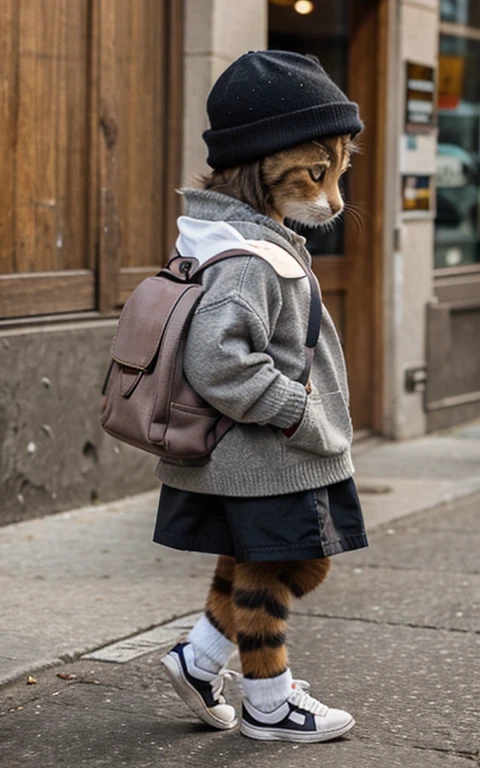 A small cat walking on its hind legs and carrying a backpack and wearing a hat and a sweater 