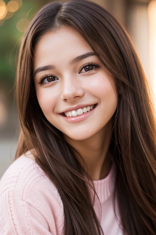 "A young woman looking 18 years old, with brown eyes and pink mouth, straight brown hair, smiling happily while looking directly at the camera. She displays a friendly and warm expression, radiating positivity."