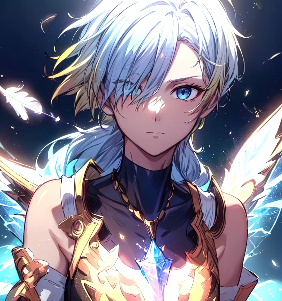 masterpiece, best quality, (detailed anime, video game art, extremely detailed CG unity 8k wallpaper), (best quality), (best illustration), (best shadow), absurdres, realistic lighting, (Abyss), beautiful detailed glow, (anime, solo, 1girl, soft, mature, close up, upper body shot:1.12), ((blonde hair, blue hair:1.28), (white hair:1.15), gradient hair, multicolored hair, (short hair:0.47), long hair:1.3), (hair in front of eye, one eye covered by hair, lens flare, ghost, dynamic pose, ghostly, spirit:1.2), (black and gold clothes, exposed shoulders, feather:1.3), blue eyes, cloak, smoke, mage, (electricity, thunder power, thunder aura, ice, crystals, prism, lens flare, one eye covered:1.22), obscured, (wings, ice wings:1.33), (necklace, feathered scarf, expressionless, high tech clothes, dress, (modern clothes, choker:1.2), tank top, t-shirt, bodysuit:1.01)