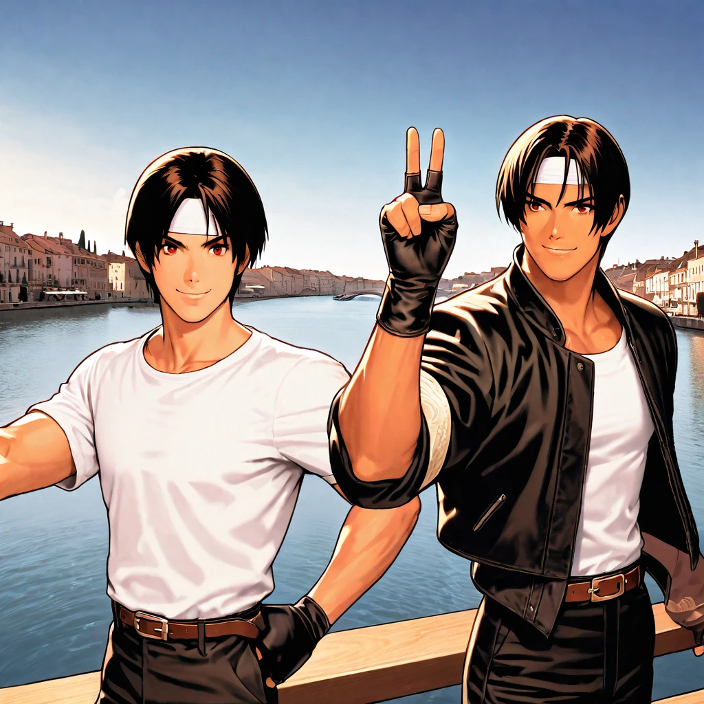 Orochikyo, Dark Skin, Two people, ツーshot, Red eyes, Black jacket(Rolling up his sleeves), Fingerless gloves, Black Hair, White T-shirt, ((White headband)), Black trousers, White shoes, Brown belt, good looking, shot, Charming, masterpiece, High resolution, Detailed face, Fine Grain, morning、Sky, A confident smile,Smiling man and woman looking out over the river on a pontoon boat in Petit Venice, France, Men and women with the same hairstyle and clothes, Making a peace sign。