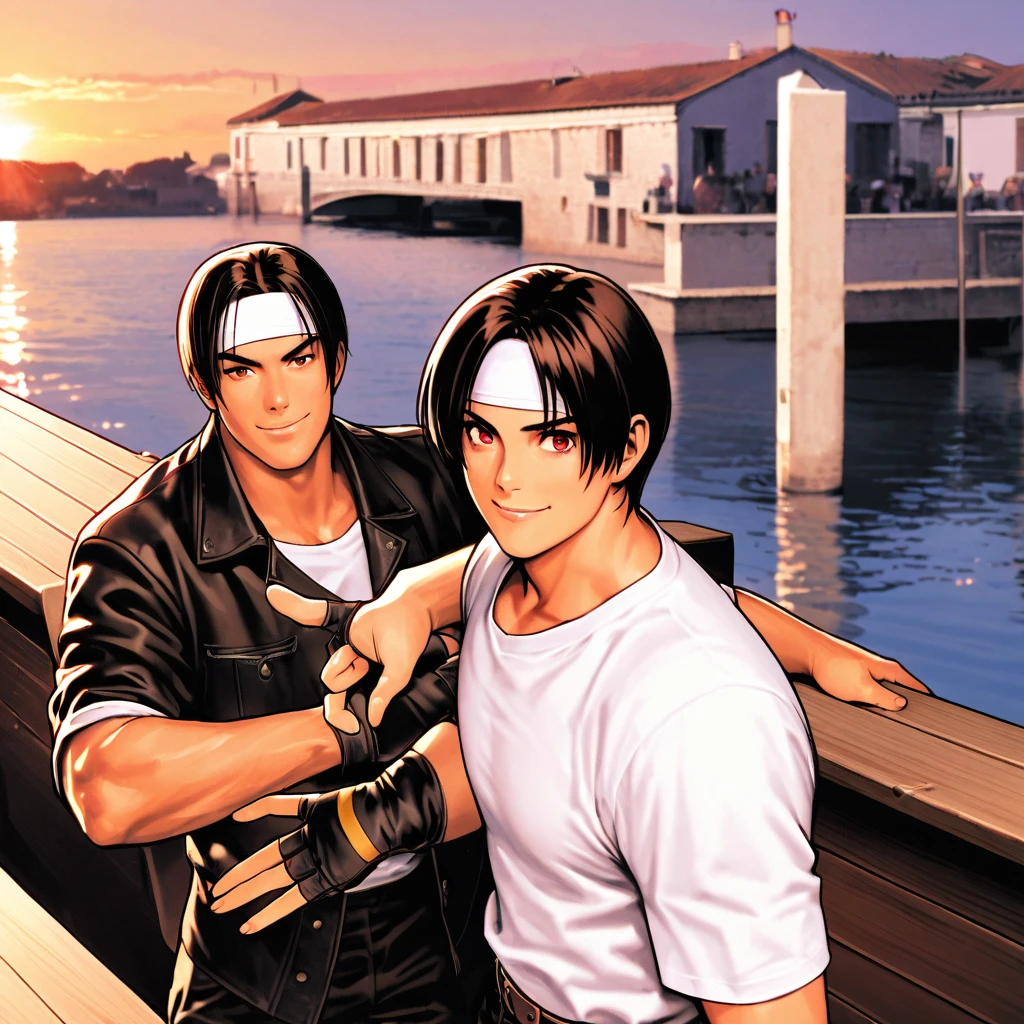 Orochikyo, Dark Skin, Two people, ツーshot, Red eyes, Black jacket(Rolling up his sleeves), Fingerless gloves, Black Hair, White T-shirt, ((White headband)), Black trousers, White shoes, Brown belt, good looking, shot, Charming, masterpiece, High resolution, Detailed face, Fine Grain, morning、Sky, A confident smile,Smiling man and woman looking out over the river on a pontoon boat in Petit Venice, France, Men and women with the same hairstyle and clothes, Making a peace sign。