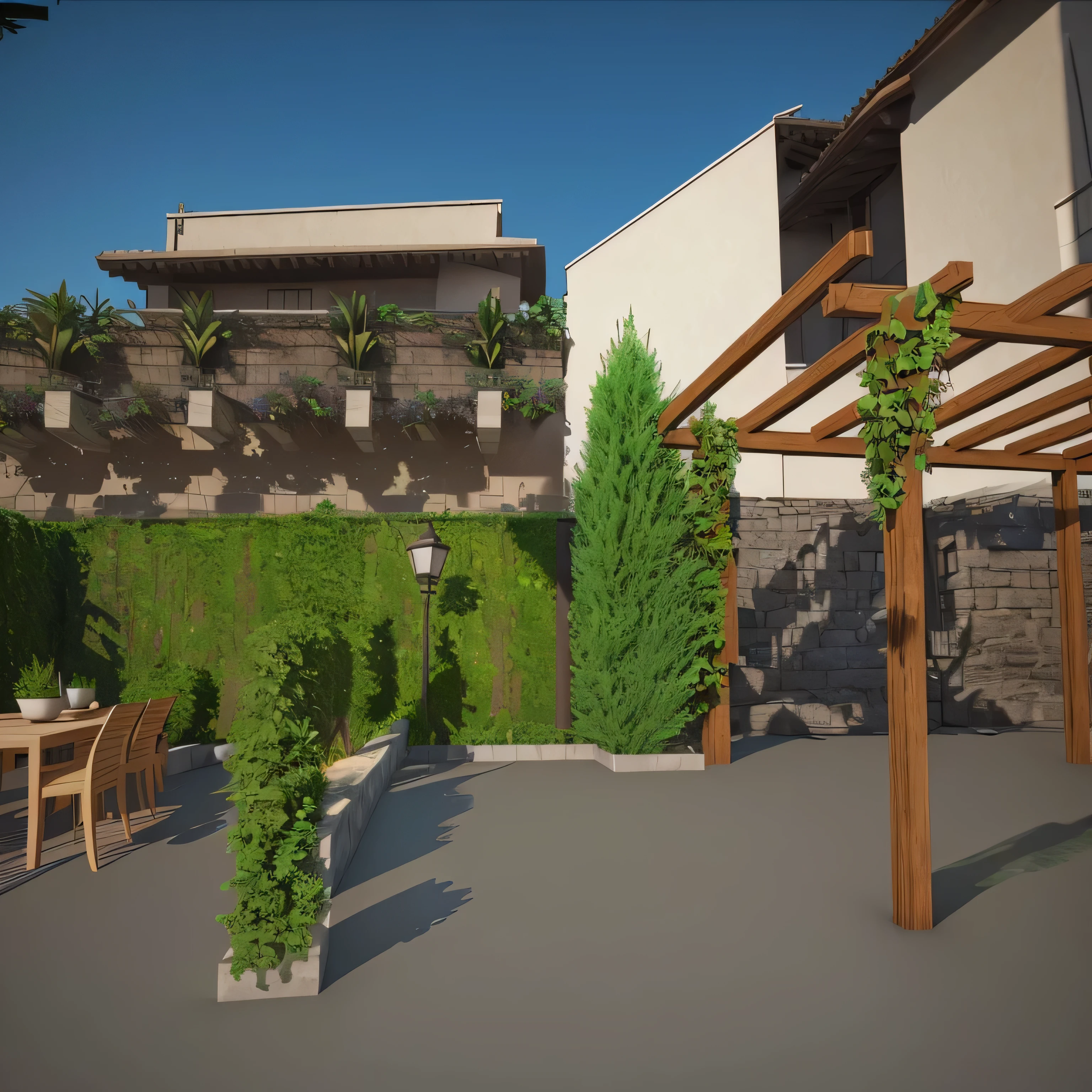 A wall with iron stone, stone, plants on the wall, a pergola, table, a black lamp post and a coconut tree, architecture, design, architectural rendering, 3d, 3d rendering. rendered in lumion pro, Photorealism, há uma imagem 3d de um pátio com mesa e cadeiras, rendered in lumion pro, rendered in lumion, no estilo de renderização 3d, luminous renderinging, 3d render, luminous rendering, render in vray, landscape rendering, realistic establishing shot, Renderização final em 3d, Renderização final em 3d, style photorealistic