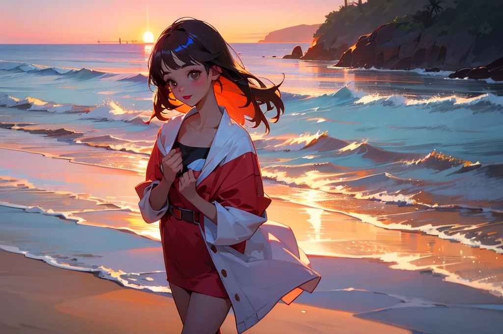 A cute girl with red lipstick on ; with a sunset beach in the background
