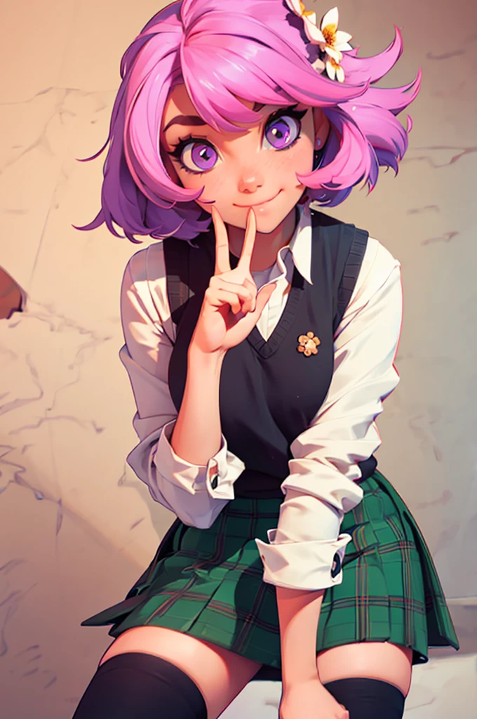 ph momo, momohd, phmomo, solo, 1girl, pink hair, purple eyes, short hair, hair flower, sweater vest, , big eyes, plaid skirt, black thighhighs,making peace sign, embarrassed