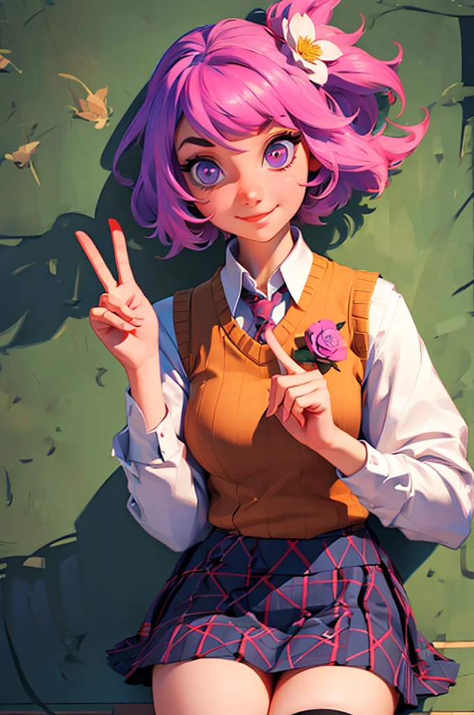 ph momo, momohd, phmomo, solo, 1girl, pink hair, purple eyes, short hair, hair flower, sweater vest, , big eyes, plaid skirt, black thighhighs, sign, embarrassed