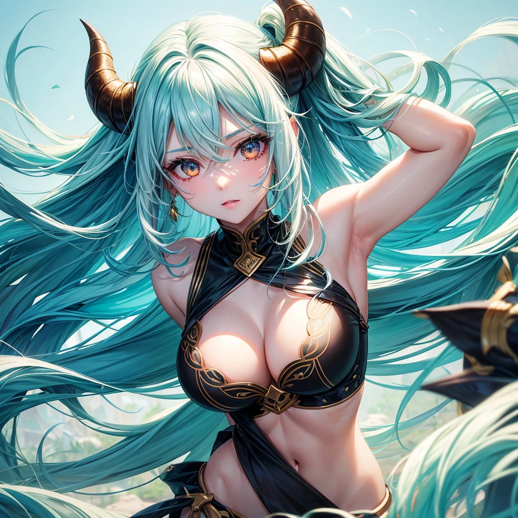 Imagine a girl with fair skin and long straight hair, She has white hair and strands at the ends, your hair is turquoise blue and aqua green. She has beautiful brown eyes and on top of her head she has red horns with gold accents.