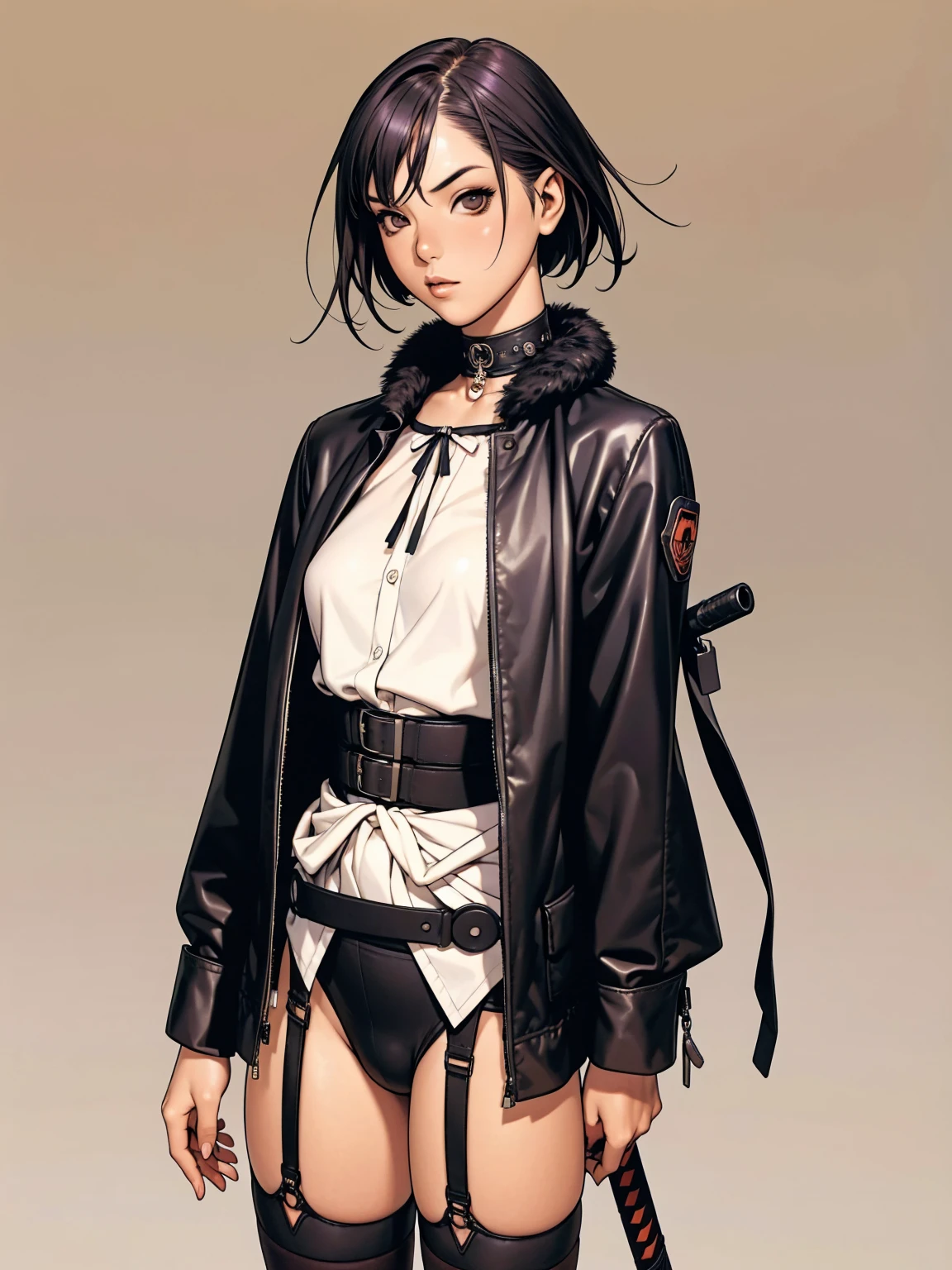 (((garter belt with stockings 3/4))), 1 girl, (((standing alone))), pirralha violent, (((full of leather straps wrapped around the arms))), 14歳, sexly, pose de atitude, work of art, post-apocalypse, (((manga style))), bounty hunter, violent, Manic, the way you want, slenderbody, thin but strong, perfectbody, roupa moderna, holding a samurai sword, messy bob hair, colored hair, (((best qualityer))), Mini skirt with pleats or short shorts with a checkered print in red and black, fur collar jacket, sleeves with vertical striped pattern, neutral background, (( cowboy shot )). intricate visual, Base Shiori, split color hair, hair ornament, choker, black dress with white ribbon, Black jacke, waist belt, asymmetrical pants, shinkiro art style, Masamune Shirow
