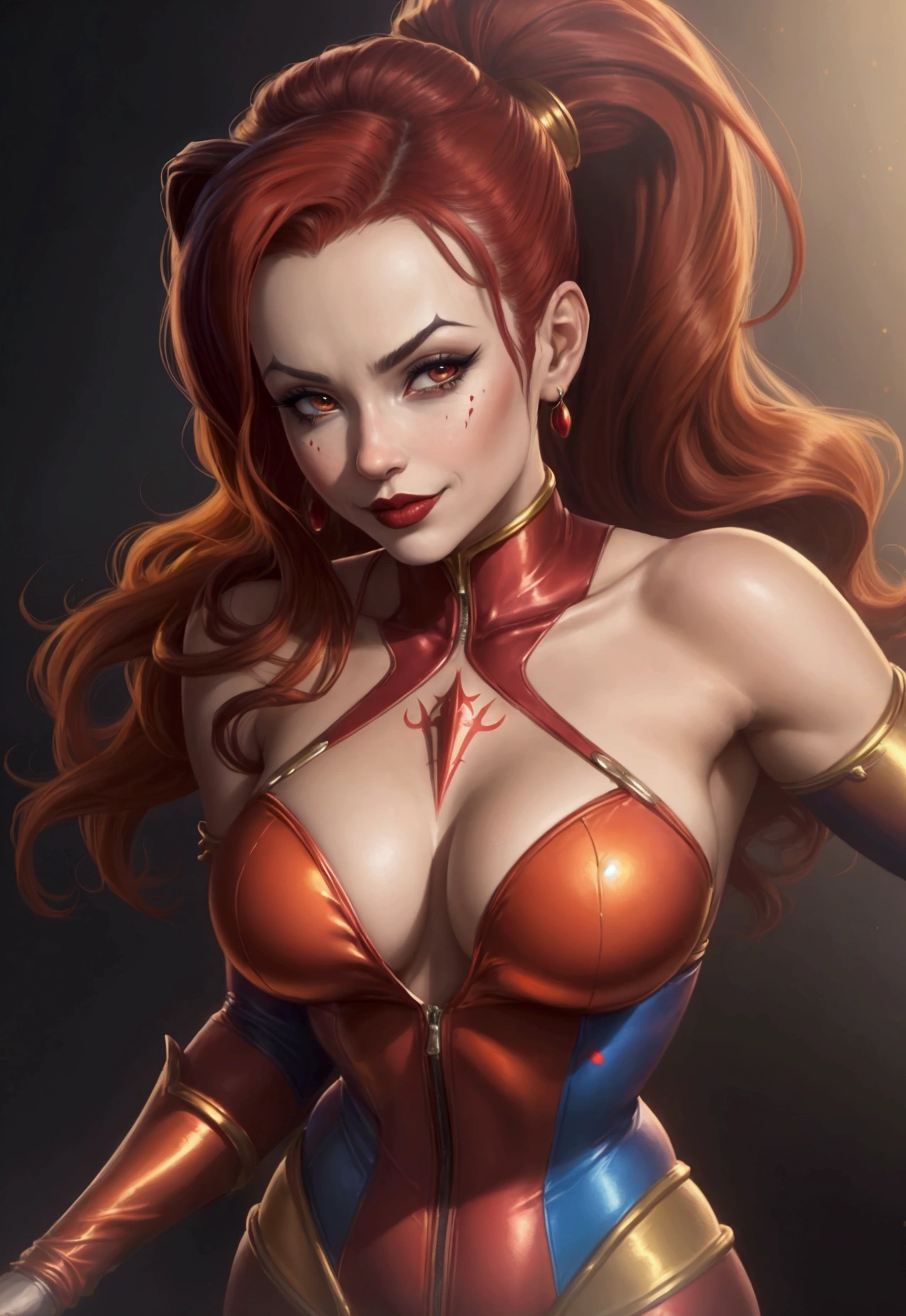 a close up of a woman in a costume with a red and gold suit, artgerm julie bell beeple, clown girl, portrait of modern darna, artgerm and lois van baarle, harley queen, jester, artgerm colorful!!!, jester themed, artgerm style, artgerm detailed, portrait of harley quinn